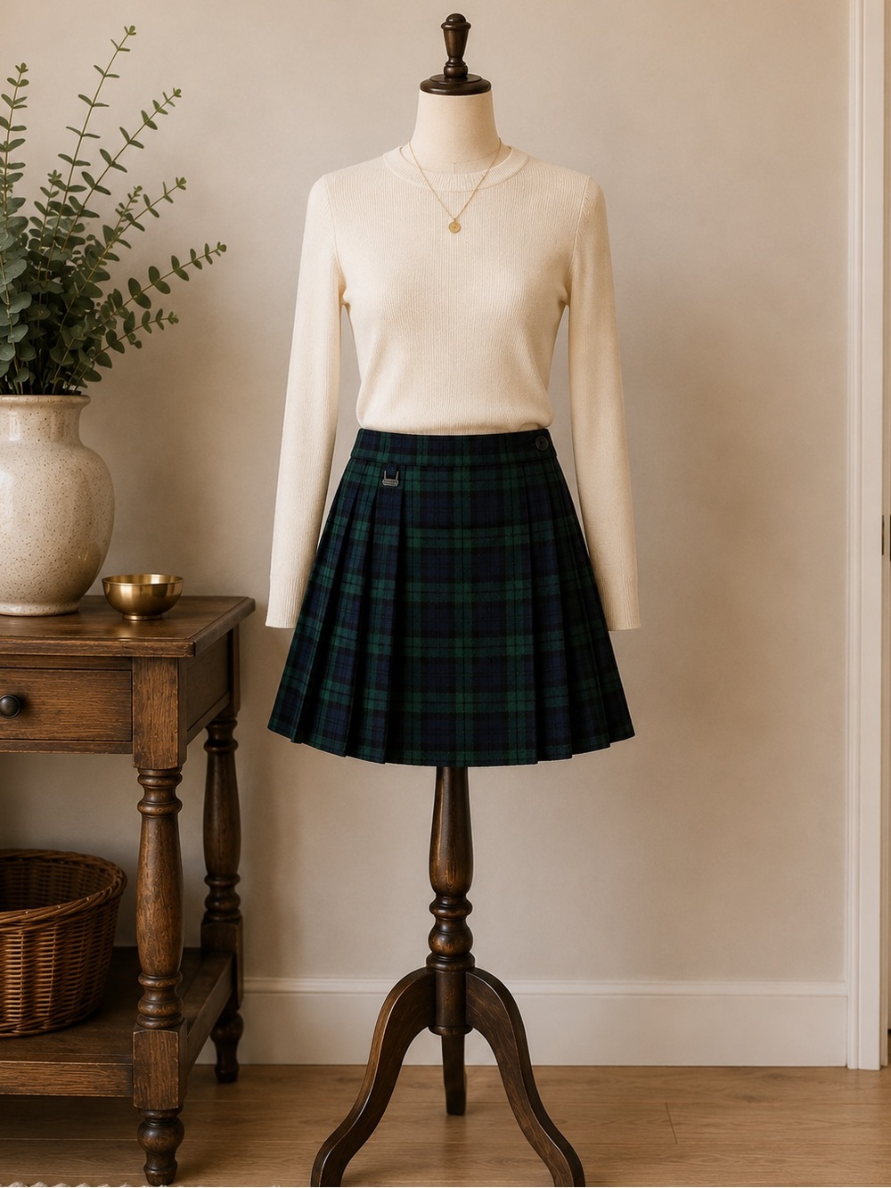 Vintage Navy Green Watch Plaid Pleated Circle Skirt Green Navy Made in Canada